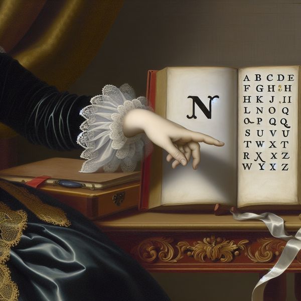 Nederlandse letter 'n' leren met alfabetboek en woord 'maan' in historische setting Elegant 17e-eeuws Nederlands interieur met een open alfabetboek waar de letter 'n' wordt aangewezen, vergezeld van het woord 'maan' op een schoolbordje