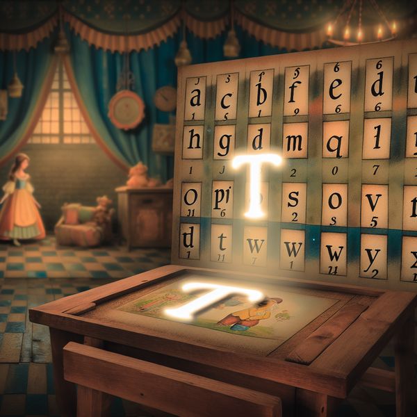 Nederlandse letter 't' leren met alfabetkaart en tafel in vintage klas Klassieke alfabetkaart met de Nederlandse letter 't' die oplicht, met een houten tafel waarop de letter 't' staat in een nostalgische klas