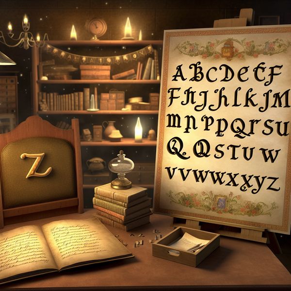 Nederlandse letter Z - Laatste letter van het alfabet in nostalgische stijl Klassieke alfabetkaart met de Nederlandse letter Z in een nostalgische studeerkamer, omringd door oude schrijfbenodigdheden en het woord 'Zoe'