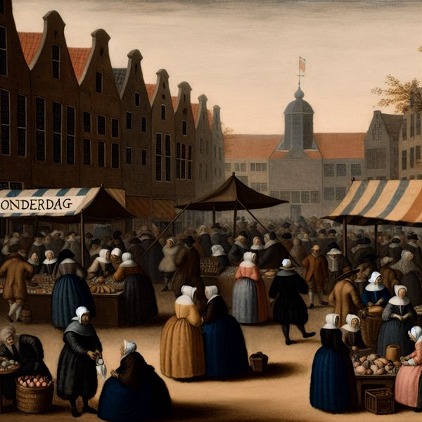 Dutchse markt op donderdag: historische genretekening van weekdagactiviteiten 17e-eeuwse Nederlandse marktscène op donderdag met levendige handelaren en klanten in elegante kleding
