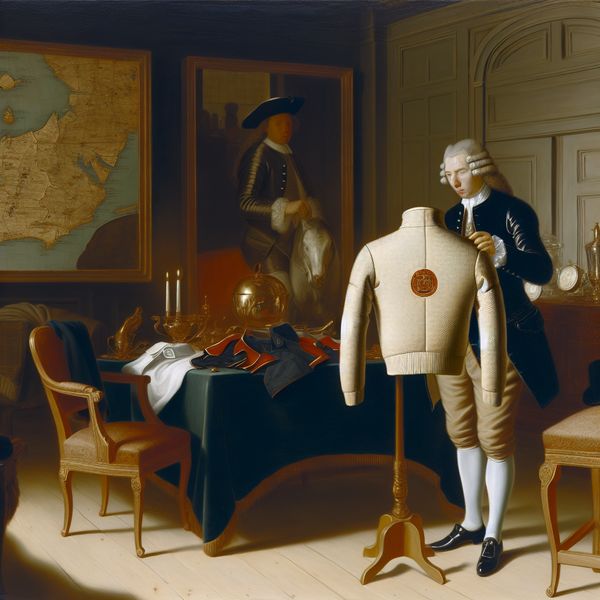 17e-eeuwse Nederlandse koopman bekijkt luxe Nike sportjas in elegant interieur met Europese kaart op de achtergrond