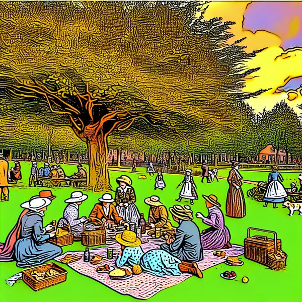 Kleurrijke cartoon van een gezellig middagpicknick in een Nederlands park met familie en vrienden onder een grote boom