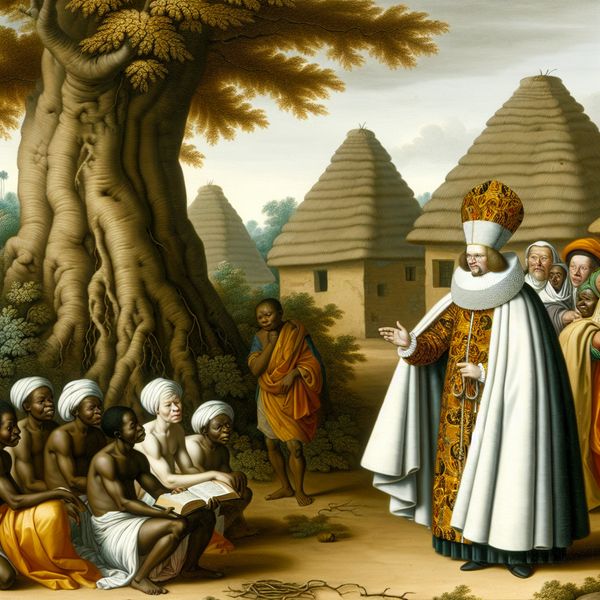 Zending en geloofsverspreiding: Nederlandse missionaris in Afrikaanse dorpsgemeenschap 17e-eeuwse Nederlandse missionaris deelt het christelijk geloof met Afrikaanse dorpelingen onder een baobabboom