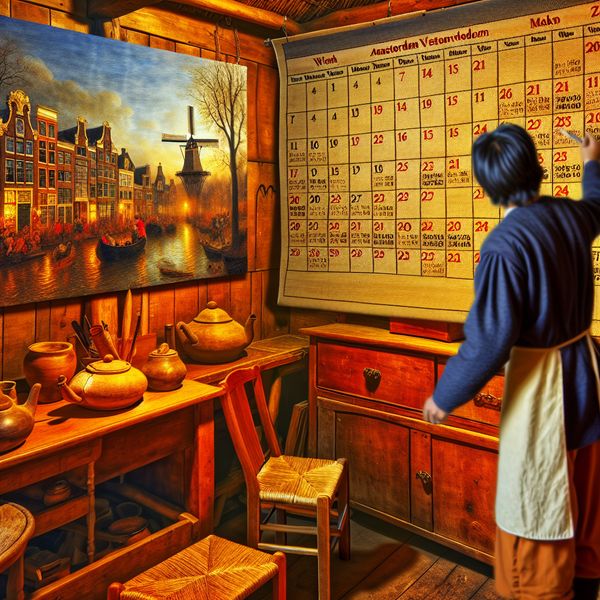 Levendige Nederlandse keuken met een grote muurkalender in de stijl van Frans Hals, waarop dagen, weken en maanden van het jaar staan met een foto van Amsterdamse grachten