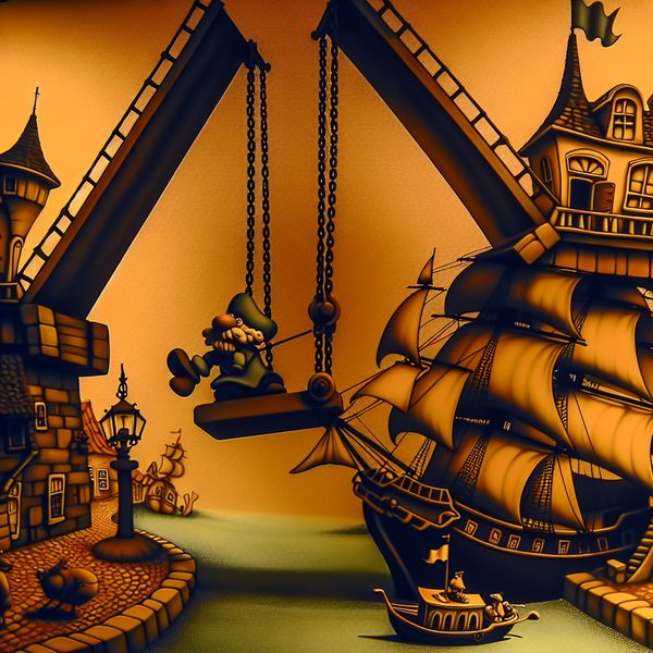 Ophaalbrug omhoog trekken - Nederlandse taaloefening voor bewegingen Karikaturale Nederlandse ophaalbrug die omhoog wordt getrokken met dikke kettingen, terwijl een zeilschip eronder doorvaart in een nostalgisch stadje