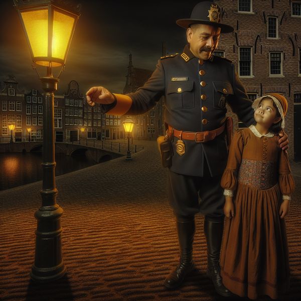 Nederlandse politieagent in historische setting die een verdwaald kind helpt onder een straatlantaarn bij avond