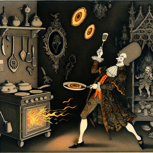 Pannenkoeken expert in surrealistische keuken - Nederlandse uitdrukking 'een echte professor' Professor in academische toga gooit een gouden pannenkoek in de lucht in een surrealistische keuken met zwevende keukengerei en speelse vlammen
