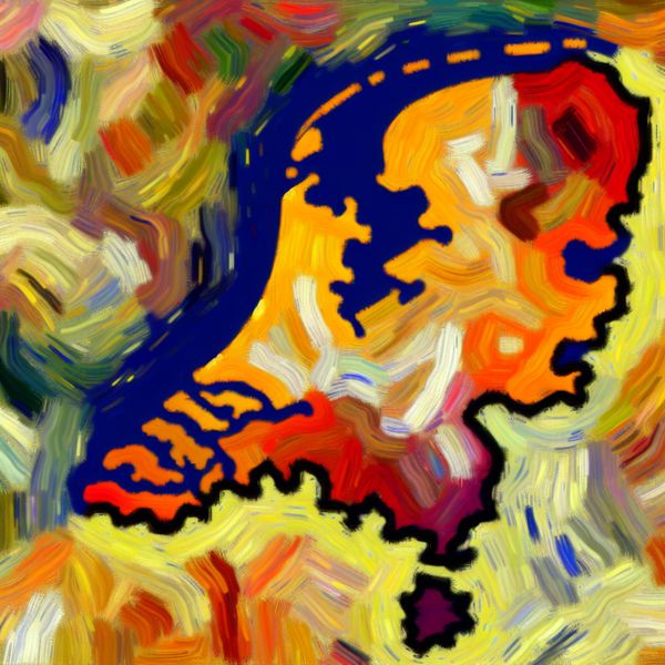 Kleurrijke, expressieve kaart van Nederland met twaalf provincies in Van Gogh-stijl, elk met unieke texturen en een symbolisch gemeentehuis