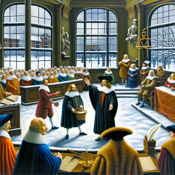 Historische rechtszaal met betoog over argumentatie en standpunten in Nederlandse stijl 17e-eeuwse Nederlandse rechtszaal in winterse setting, waar een advocaat met overtuiging een betoog houdt tijdens een levendige maar gestructureerde discussie over argumentatie en standpunten