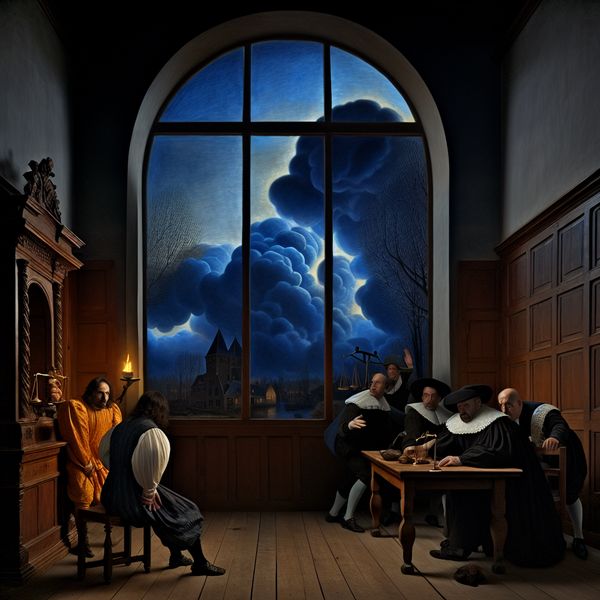 Weigeren te praten in historische rechtszaal - Nederlandse taalkunde en emotionele weerstand 17e-eeuwse Nederlandse rechtszaal met een verdachte die weigert te praten, omringd door strenge ondervragers in dramatisch licht