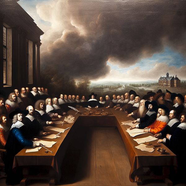 17e-eeuws Hollands landschapsschilderij van een regeringsvergadering met ministers aan een lange eiken tafel, symboliserend leiderschap en bestuur