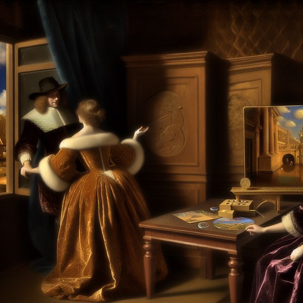 Twee elegante figuren in een 17e-eeuws Nederlands interieur bereiden zich voor op een reis richting een verre bestemming, met een dromerig landschap en concertzaal op de achtergrond