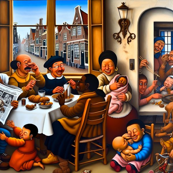 Gezellige Nederlandse familie die op een traditionele rustdag samen geniet van een zondagse maaltijd in een warme huiskamer, in de stijl van Jan Steen