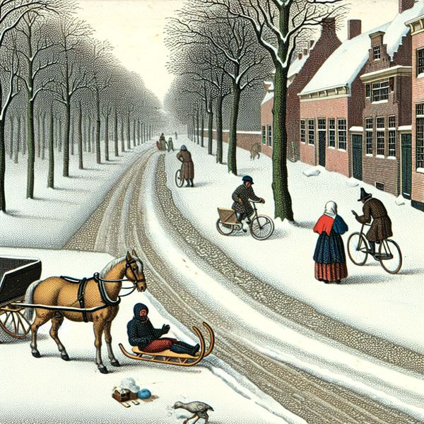 17e-eeuwse Nederlandse winterscène met een verhoogde stoeprand (boord) langs een besneeuwde weg, paardenslee en fietsers op het fietspad