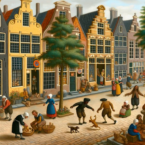 Levendige Nederlandse straat in dorp of stad met huizen, spelende kinderen, bloemenverkoper en verboden-voor-auto's bord