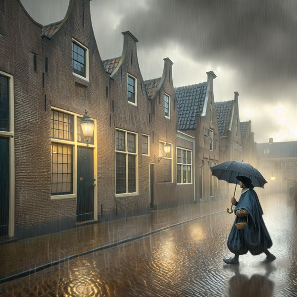 Regent in historische Nederlandse straat - weer leren in context 17e-eeuwse Nederlandse straat in regenachtig weer, stille figuur met paraplu onder grijze lucht