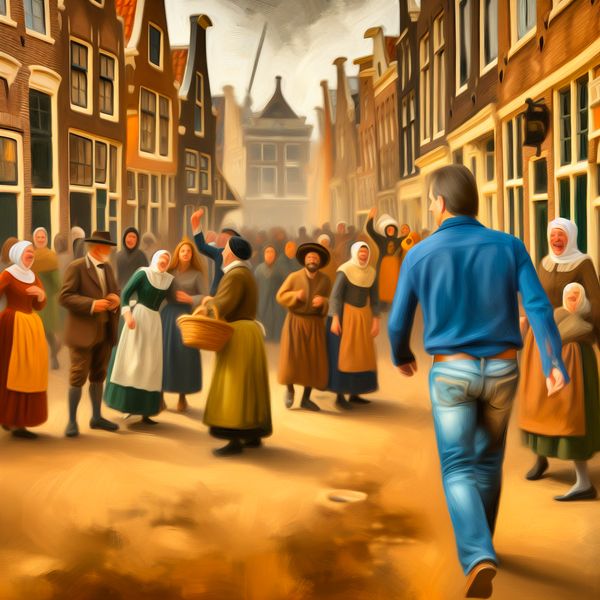 Nederlandse straatscene met richting en beweging - taal leren Drukke Nederlandse straat in de stijl van Jan Steen met een persoon die wegloopt, richting 'heen' aangevend