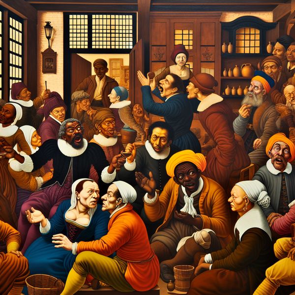 Levendige 17e-eeuwse Nederlandse taverne-scène met mensen die twijfelend en overtuigd reageren op een verhaal, geïnspireerd op Jan Steen