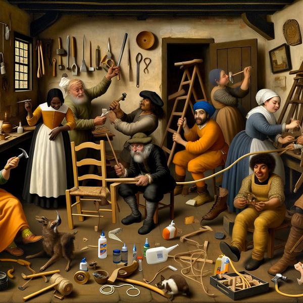 Nederlandse taferelen zonder uitzondering: gezamenlijk problemen oplossen in de stijl van Jan Steen Drukke Nederlandse Gouden Eeuw-scène in de stijl van Jan Steen, waarin iedereen in een huishouden samenwerkt om een kapotte stoel te repareren zonder uitzondering