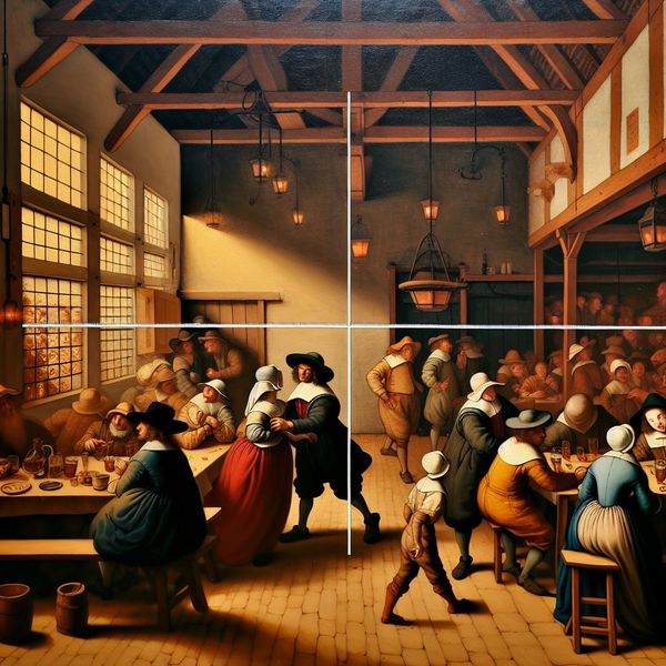 Illustratie fysieke afstand tussen objecten in Nederlandse taverne | Afstand meten leren Drukke Nederlandse taverne-scène met twee tafels op precies één meter afstand, gemarkeerd met een meetlint, ter illustratie van fysieke afstand tussen objecten