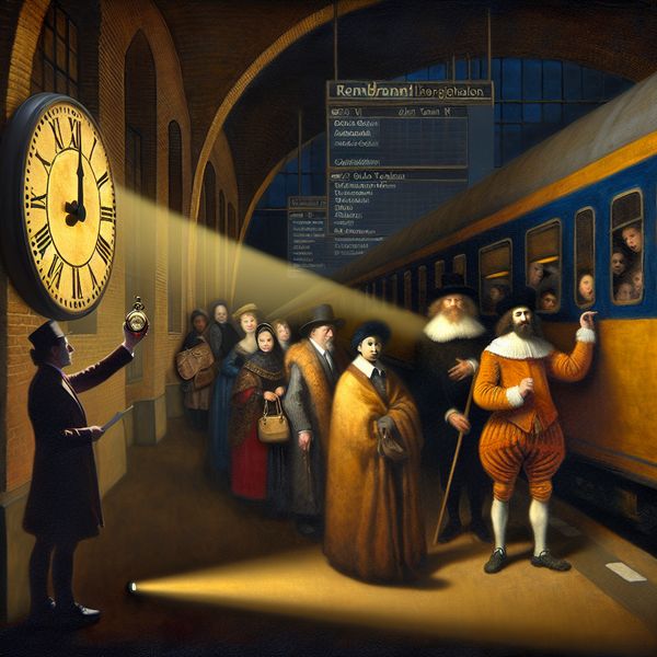 Nederlandse trein op tijd volgens dienstregeling in Rembrandt-stijl schilderij Dramatische 17e-eeuwse schilderijstijl scène van een Nederlandse intercitytrein op een druk station, waarbij een conducteur een sierlijke zakhorloge controleert onder gouden licht, met reizigers die volgens dienstregeling instappen