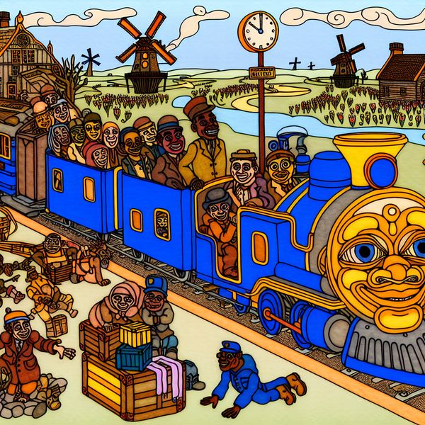 Nederlandse treinvervoer cartoon: reizen en goederen vervoeren per spoor Vrolijke cartoontrein op een druk Nederlands station met passagiers en vracht, windmolens en tulpenvelden op de achtergrond