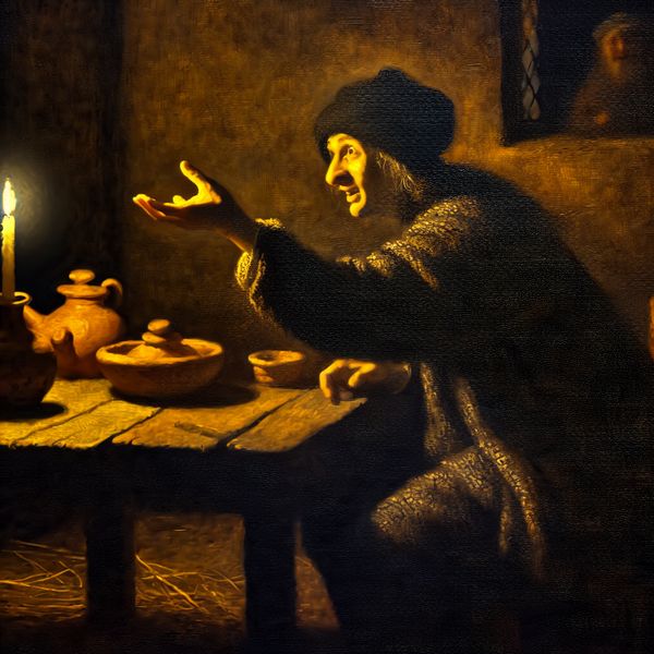 Nederlandse uitdrukking benadrukken in gesprek - Rembrandt-stijl schilderij Gedetailleerde schilderijstijl scène van een persoon die een gesprek benadrukt met de zin 'Nou, vertel eens, hoe was je dag?' in een intiem, kaarsverlicht interieur