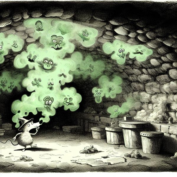 Illustratie vreemde geur in kelder - Nederlandse uitdrukking 'er hangt een bepaalde lucht' Cartoonachtige kelder met groenige mist die een vreemde geur voorstelt, een muis of kat snuift verbaasd de lucht op