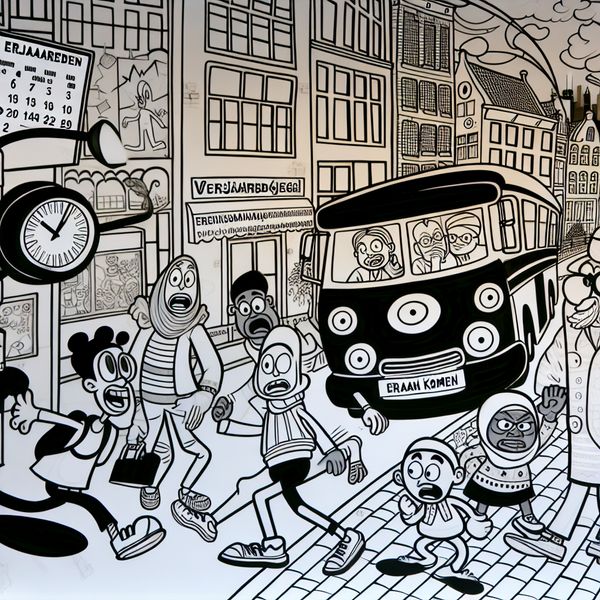 Grappige cartoon van een drukke Nederlandse straat waar mensen haastig naar een aankomende bus rennen, met een kalender en klok die 'eraan komen' illustreren