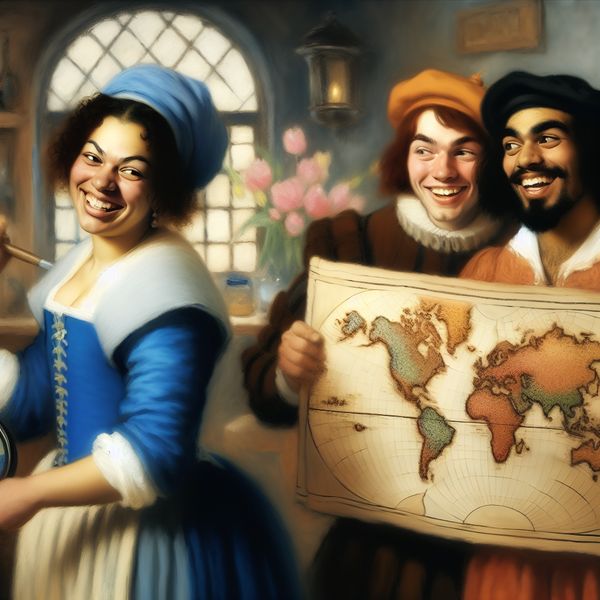Twee paar broers en zussen in 17e-eeuwse Nederlandse kleding die elkaars houding en uitdrukking spiegelen, illustrerend het concept 'net zo' of 'evenzo' in een warme, huiselijke setting