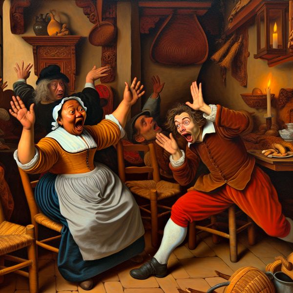 Levendige scène in de stijl van Jan Steen: iemand roept 'Ho!' om een ander te laten stoppen, met verbaasde gezichten en chaotische huiselijke omgeving