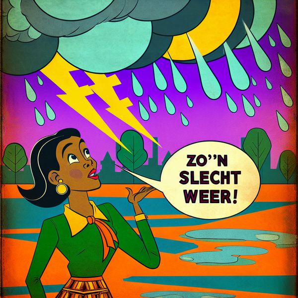 Uitroep van verbazing bij slecht weer - Nederlandse taaluitdrukking illustratie Retro-futuristische illustratie van een persoon die verbaasd en gefrustreerd opkijkt naar een donkere regenwolk met bliksem en de uitroep 'Zo'n slecht weer!' in een spraakballon