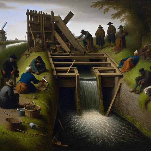 Historische uitwateringssluis in Nederlandse dijk: dorpsgemeenschap aan het werk Drukke dorpsscène met een groep mensen die een kleine uitwateringssluis in een Nederlandse dijk repareren, in de stijl van Jan Steen