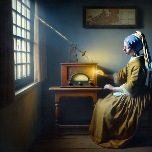 Historische radio luisteren: Nederlandse vrouw geniet van uitzending in Vermeer-stijl Jonge vrouw in 17e-eeuwse Nederlandse kleding luistert aandachtig naar een vintage radio bij het raam met zacht licht