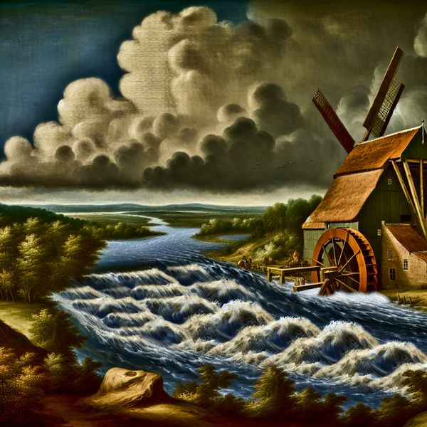 Watermolen in actie: natuurlijke energie en kracht van water in Nederlands landschap 17e-eeuwse Nederlandse watermolen met krachtige rivier en donderwolken, natuurkracht in actie