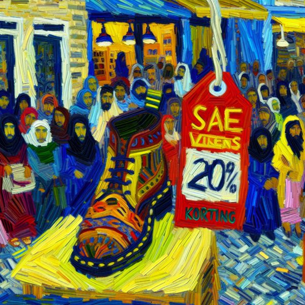 Korting winkelen in Nederlandse winkel - 20% aanbieding op schoenen in Van Gogh-stijl Vrolijke Nederlandse winkelinterieur in Van Gogh-stijl met rode kortingskaart van 20% korting op een paar stijlvolle schoenen