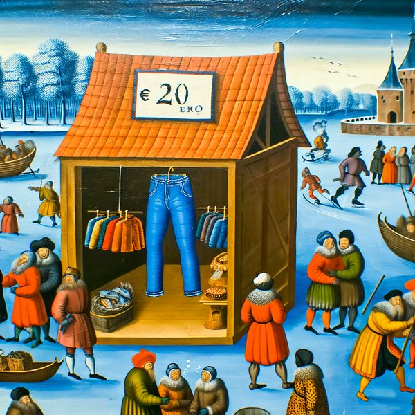 17e-eeuwse Nederlandse wintermarkt met een kraampje waar een broek met een prijskaartje van 20 euro te koop is, ter illustratie van het begrip 'kosten'
