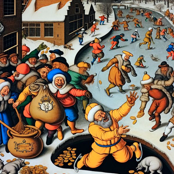 Nederlandse wintermarkt met winstgevende handel: spek verdienen op het ijs Vrolijke winterse scène van een Nederlands dorp op een bevroren kanaal, waar handelaren een zak met munten genaamd 'spek' vieren, symbool voor winst en verdienste