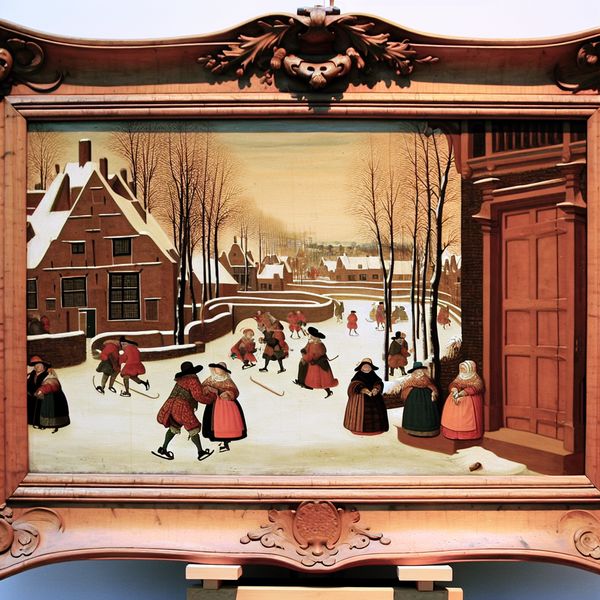 Schilderijlijst en rand uitleg: Nederlandse winterscene met decoratieve randen Dutch wintertafereel in de stijl van Hendrick Avercamp met een houten schilderijlijst en deur met decoratieve rand, ijsvermaak en dorpsleven