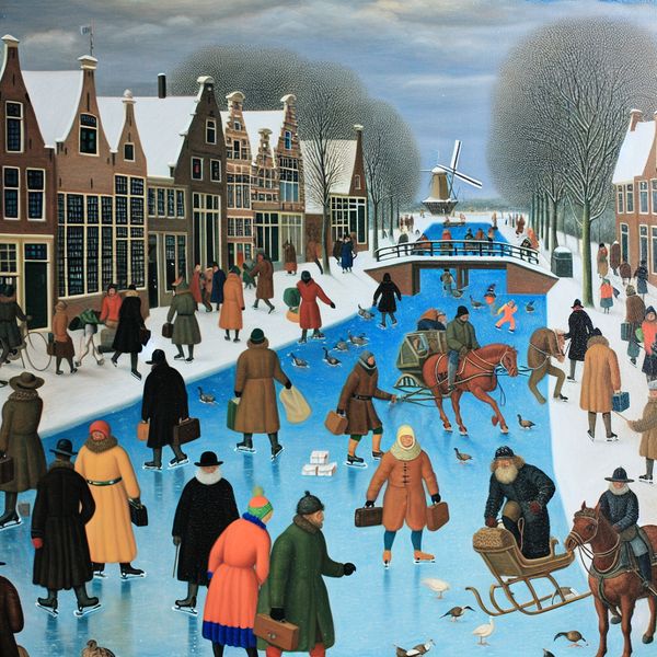 Levendige winterse maandagochtend op een bevroren Nederlands kanaal, waar mensen naar hun werk gaan schaatsend, lopend en met paardensleeën, in de stijl van Hendrick Avercamp