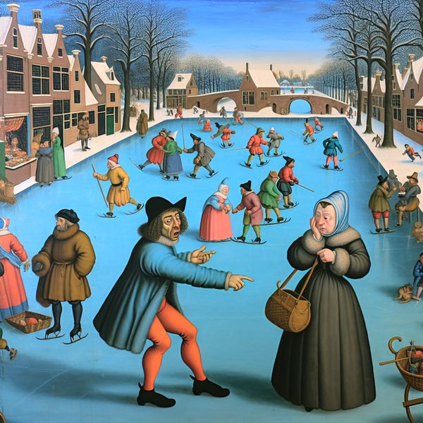 Nederlandse wintertafereel met taaluitdrukking 'toevallig' in gesprek 17e-eeuwse Nederlandse winterscène met twee mensen in gesprek op een bevroren kanaal, waarbij iemand verbaasd vraagt: 'Heb jij toevallig een pen voor mij?'