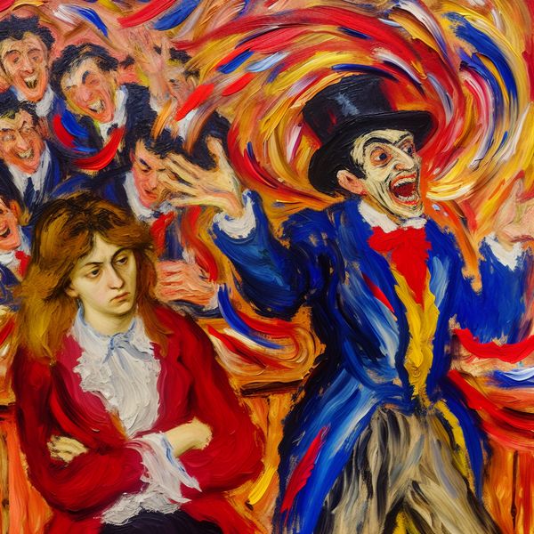 Neerbuigende Uitleg in Abstracte Expressie Man geeft op neerbuigende wijze uitleg aan vrouw in abstract expressionistisch schilderij