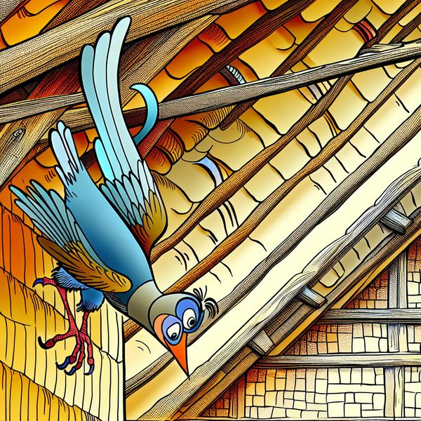 Neerwaartse beweging vogel - Nederlands leren werkwoorden vallen en komen Kartonnen vogel daalt speels af naar schuin dak van gezellig huis in stijl van Marten Toonder