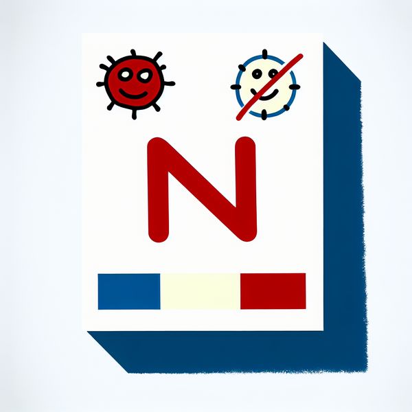 Minimalistische illustratie van een medisch testresultaat met een grote 'N' voor negatief, omringd door een doorgestreepte virusicoon en een lachend gezichtje