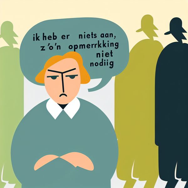 Negatieve Emotie Illustratie: Afkeuring en Onverschilligheid Minimalistische illustratie van een persoon met een frons die zijn armen over elkaar heeft geslagen bij een spraakwolk met de tekst 'Ik heb er niets aan, zo'n opmerking is niet nodig.'