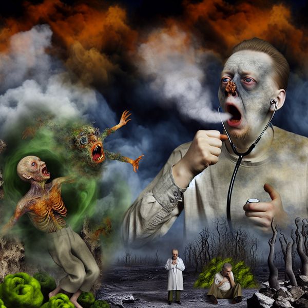 Negatieve gevolgen van roken in surrealistische kunst Surrealistisch tafereel geïnspireerd door Hieronymus Bosch dat de negatieve gevolgen van roken toont met een groteske figuur omgeven door rook en bizarre wezens.