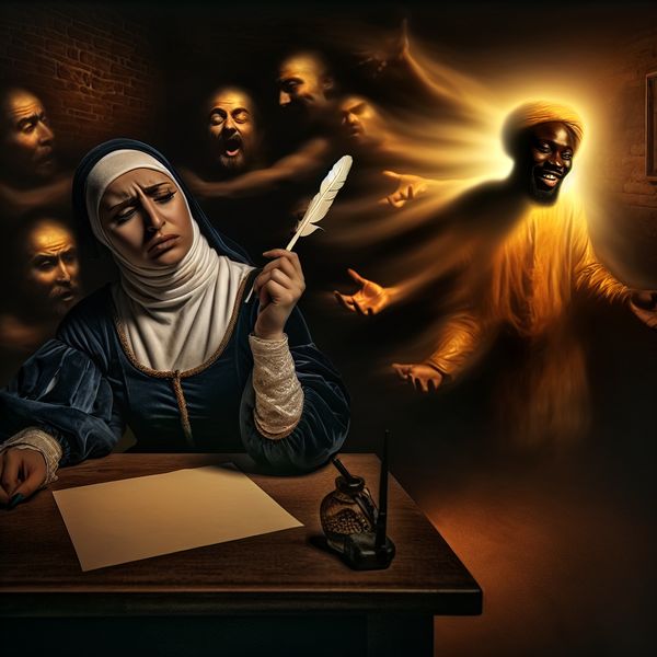 Vrouw met een kroontje in de hand, kijkt gefrustreerd naar een portret van een collega, omgeven door schaduwen die snelle oordelen symboliseren.