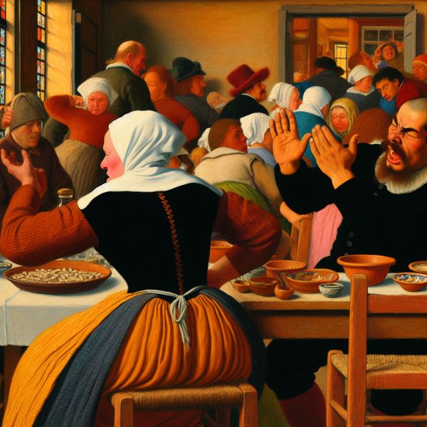 Negeer iemand in een gesprek - Humoristische scène Een vrouw negeert een gefrustreerde man aan een tafel in een levendige huiselijke scène, geïnspireerd door Jan Steen.