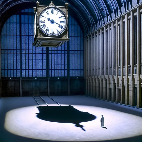 Hyperrealistisch schilderij van een verlaten treinstation om negen uur, met een kloktoren die de tijd aangeeft en een eenzame figuur die omhoog kijkt