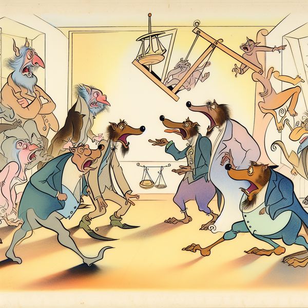 Karikatuur van een levendige discussie tussen antropomorfe dieren die neigen naar een bepaalde kant, met expressieve gezichten en gebaren die spanning en emotie uitbeelden